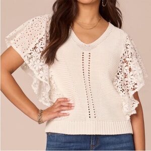 Democracy XSmall Petite Sweater Embroidered Flutter Sleeve VNeck Mixed Media NWT